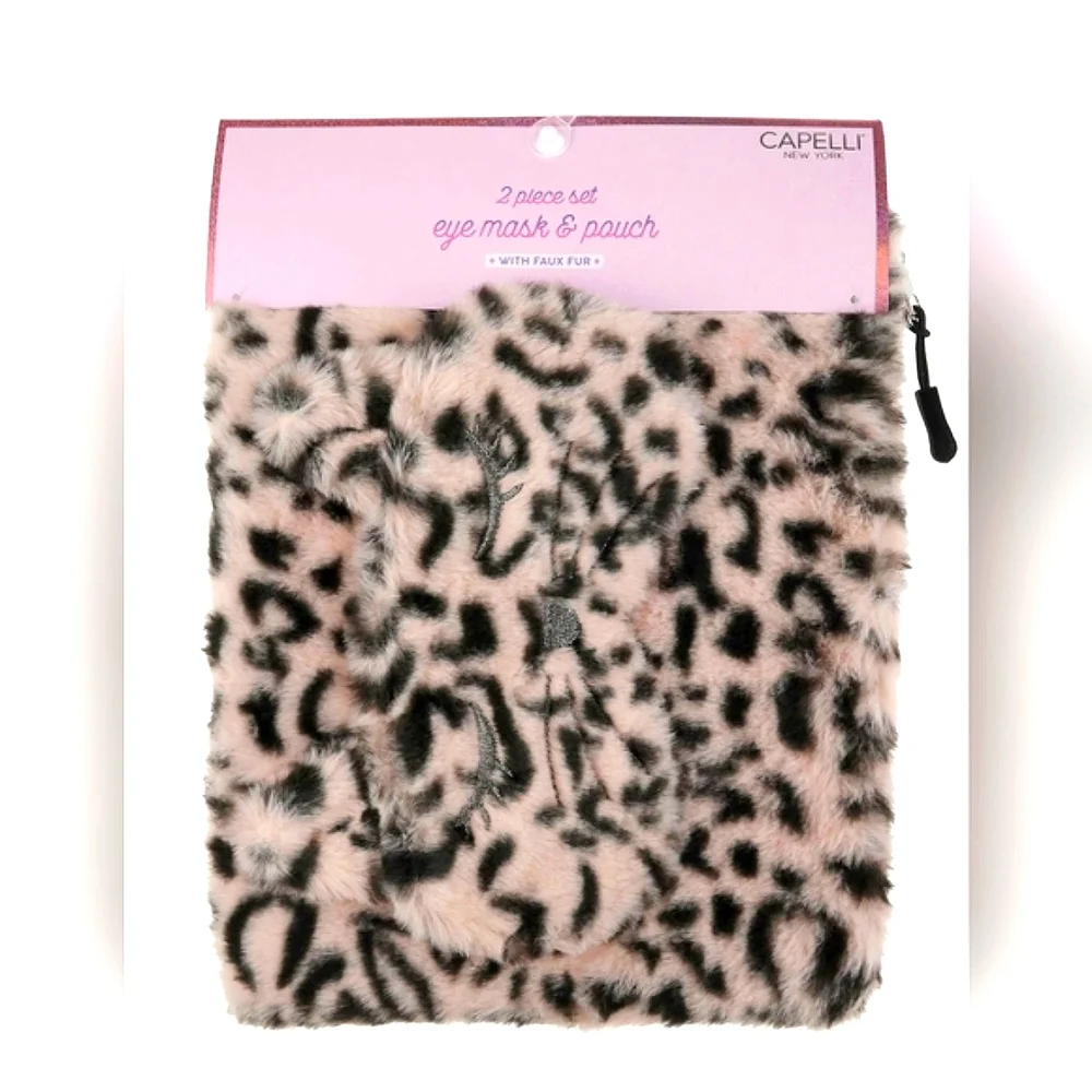Cheetah Faux Fur Cat Eye Mask & Zip Top Pouch Travel Set